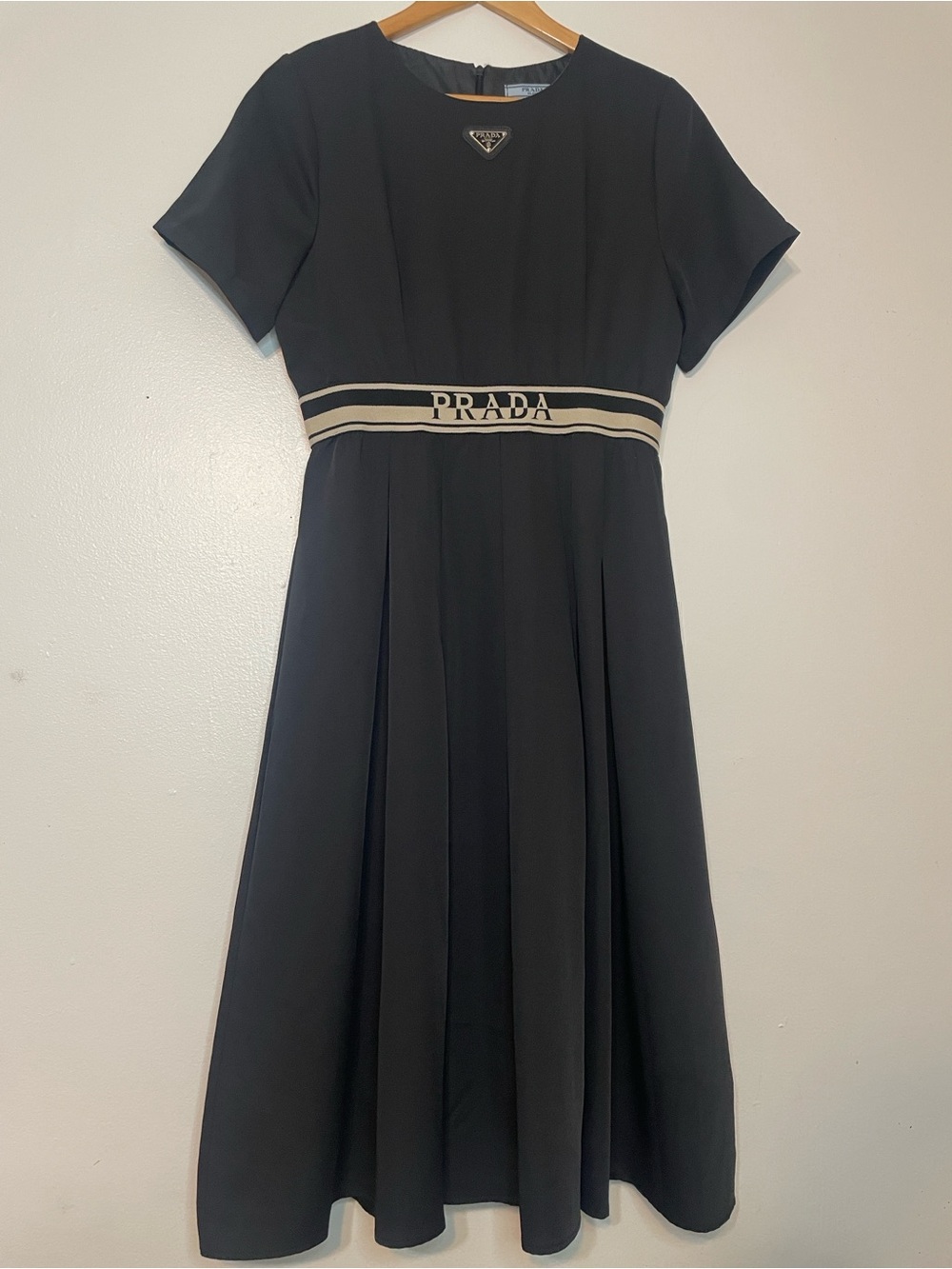 Prada Re-Nylon Logo Pleated A-Line Midi Dress Black